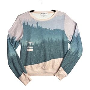 Wildfox Ski Lift‎ Allover Graphic Sweatshirt Womens XS Pullover Pink Blue NEW